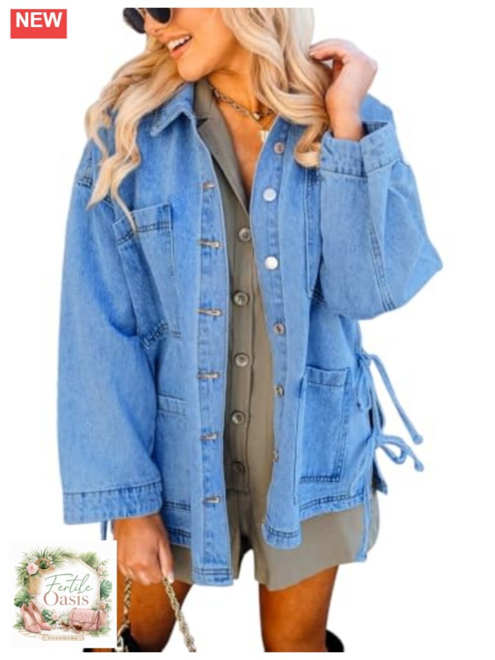 Oversized Denim Jacket Women Button Down Side Tie Bow Boho Trucker